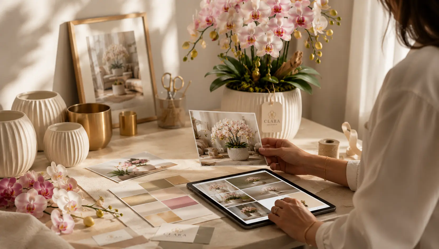 Tervezőasztal kaspókkal, színmintákkal és tableten látható orchidea tervekkel