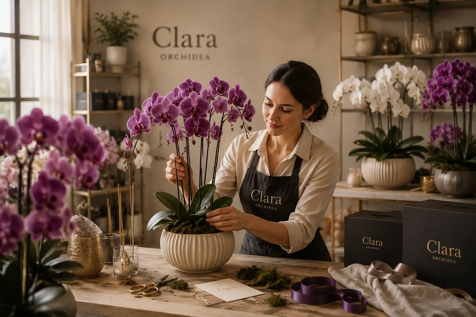 Virágkötő a Clara Orchidea műhelyben, lila orchideák és márkás dobozok között